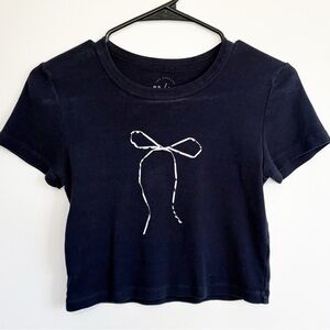 PACSUN Short Sleeve Cropped Tee Bow Navy Blue XS